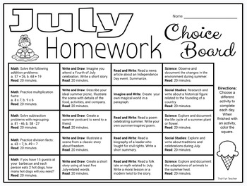 3rd grade homework choice board