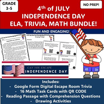 Preview of July 4 Independence Day Reading and Comp, MathQR Task Cards, Digital Escape Room