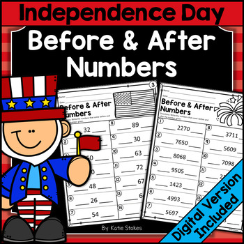 Preview of July 4th Math One More One Less Numbers Worksheets | Print & Digital