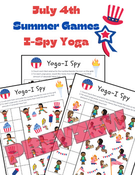 Preview of July 4th Summer Games 2024 Yoga I Spy Movement Worksheets, OT, PT, Brain breaks