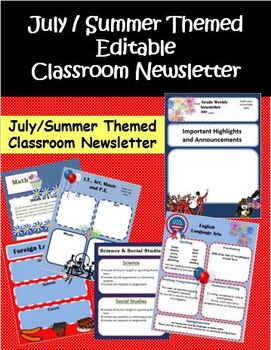 Preview of July 4th Themed Editable Classroom Newsletter