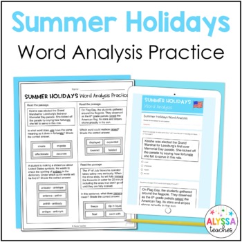 Preview of Memorial Day & July 4th Word Analysis Worksheets (SOL 4.4) Print and Digital