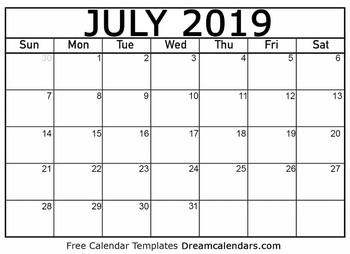 Preview of July Calendar 2019 - Printable Template