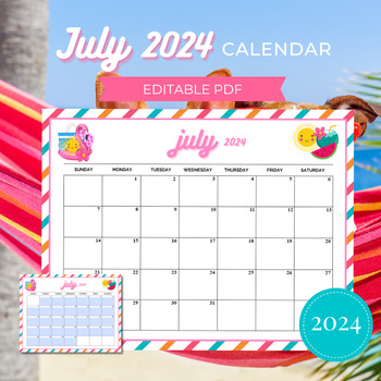 Preview of July Calendar 2024, Printable Monthly Calendar, Editable Calendar 2024