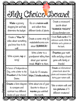 July Choice Board by Tidy Teacher | Teachers Pay Teachers