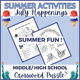 July Crossword Puzzle for Middle and High School July Happenings