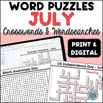 Preview of July Crossword Puzzles & Word Search - Middle & High School - Print & Digital