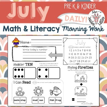 Preview of July Daily Summer Literacy & Math Morning Work {Pre-K & Kindergarten} NO PREP