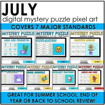 Preview of July Digital Mystery Puzzle Pixel Art Bundle | Summer School | 4th of July