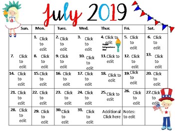 July Editable Calendar by Page 394 Creations Teachers Pay Teachers