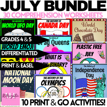 Preview of July Guided Reading Comprehension Worksheets Bundle