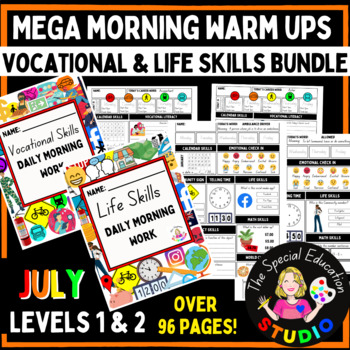 Preview of July Morning Work Bundle Special Education Life Skills & Vocational Warm Up
