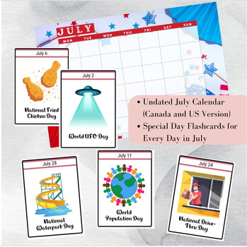 Preview of July National Days Flashcards and FREE Undated July Printable Calendar