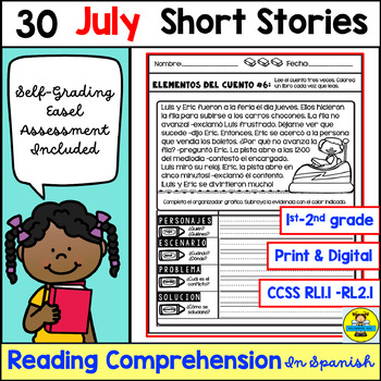 Preview of July Reading Comprehension Passages In Spanish Print and Digital