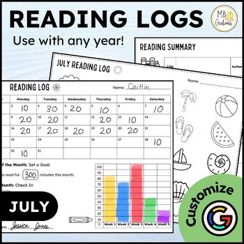 Preview of July Reading Logs - Editable Reading Log with Parent Signature and Summary Pages