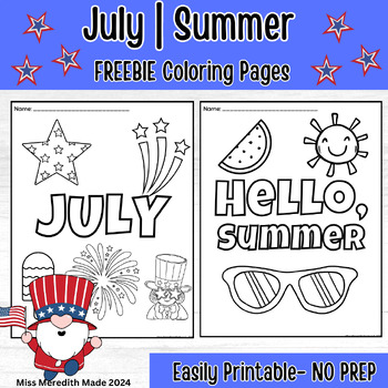 Preview of July | Summer Coloring Sheets FREEBIE | 4th of July | Hello Summer Coloring