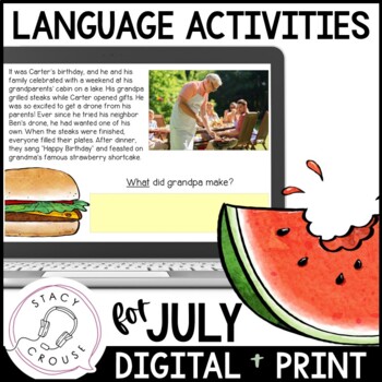 Preview of July Summer Language Activities Speech Therapy Printable Worksheets + Digital