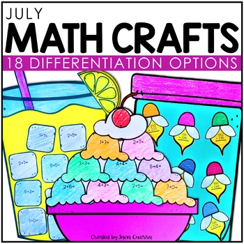 Preview of July Summer School Math Crafts | camp firefly lemonade ice cream activities