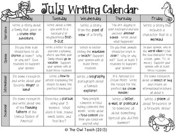 Writing Calendar: 20 Prompts for the Month of July by The Owl Teach