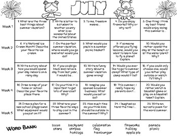 July Writing Prompt Calendar by Second in the South | TPT