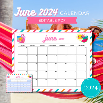 Preview of June Calendar 2024, Editable Monthly Calendar, Printable Summer Calendar