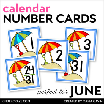 Preview of June Calendar Numbers - Beach Theme Number Cards for Summer Center Activities