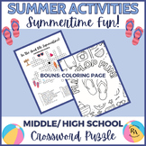 June Crossword Puzzle for Middle and High School Summertime Fun!