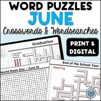 Preview of June Crossword Puzzles & Word Search - Middle & High School - Print & Digital