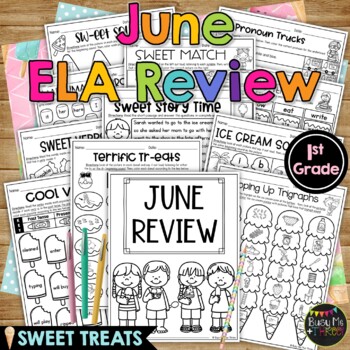 Preview of June ELA REVIEW 1st Grade No Prep Printables Literacy Grammar End of Year Sweets