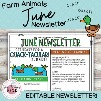 Preview of June Farm Newsletter Template *Editable: Ducks in a Pond Pun