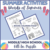 June Fill-In Puzzle for Middle and High School Words of Summer