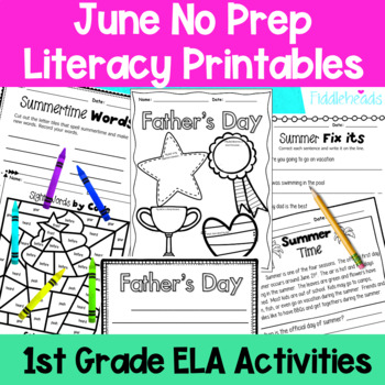 Preview of June First Grade No Prep Literacy Printables Packet +TpT EASEL Activity