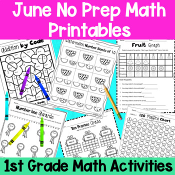 Preview of June First Grade No Prep Math Worksheet Packet + TpT EASEL Activity