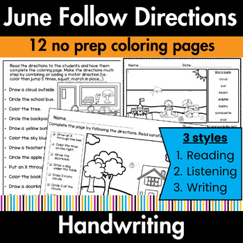 Preview of Following Directions & Listening Comprehension Skills June Coloring Pages