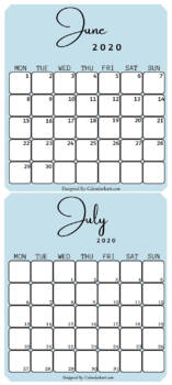 june july 2020 calendar printable light blue by martha sharma tpt