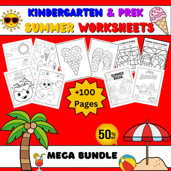 Preview of June Kindergarten Morning Work NO PREP Summer Coloring Worksheets BUNDLE