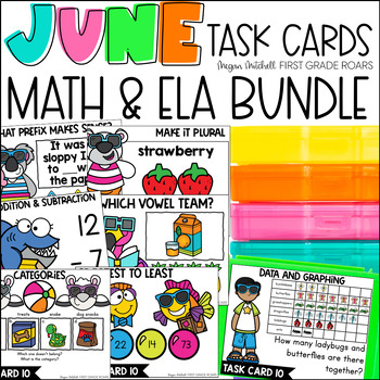 Preview of June Math & ELA Task Card Activities Centers, Scoot, Fast Finishers