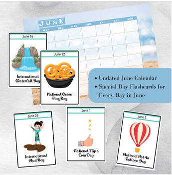 Preview of June National Days Flashcards and FREE Undated June Printable Calendar,