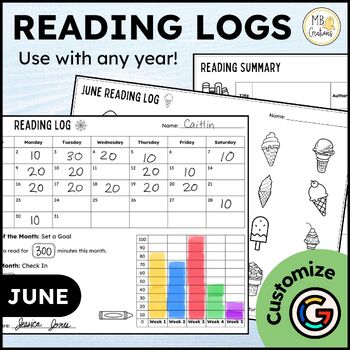 Preview of June Reading Logs - Editable Reading Log with Parent Signature and Summary Pages