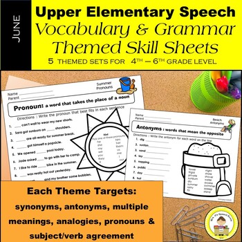 Preview of June Speech Therapy Upper Elementary Vocabulary & Grammar Themed Worksheets