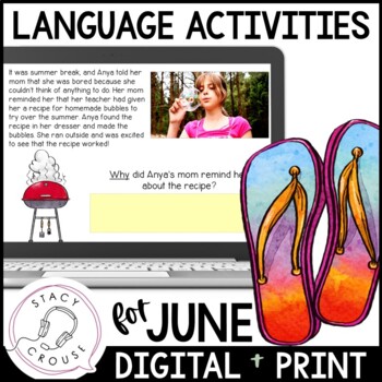 Preview of June Summer Language Activities Speech Therapy Printable Worksheets + Digital