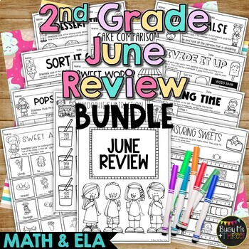 Preview of June Sweet Treats Activities 2nd Grade ELAR and MATH Review Bundle No Prep