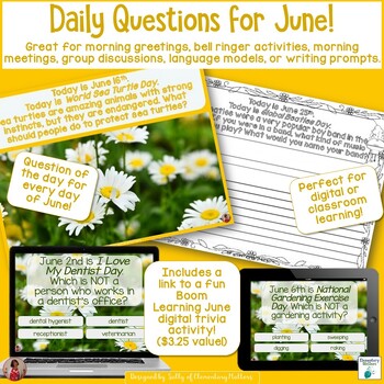 Preview of Morning Meeting Discussions and Daily Writing Prompts and Questions - June