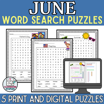 Preview of June Word Search Packet Print and Digital Puzzles - Summer - Father's Day
