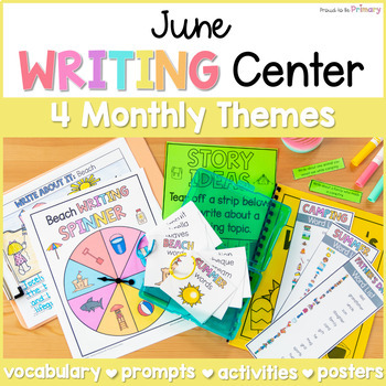 Preview of June Summer Break Writing Center Activities - Summer Writing Paper & Prompts