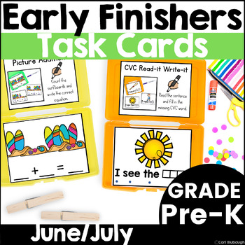 Preview of June and July Early Finisher Activity Phonics and Math Task Card Boxes for Pre-K