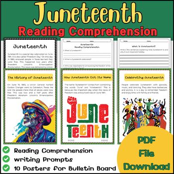 Preview of Juneteenth Activities/Bulletin Board/Reading Comprehension/Prompts Writing