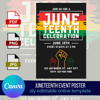 Preview of Juneteenth Event Editable Canva Poster---PDF, PNG, JPG
