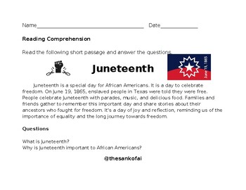 Preview of Juneteenth Language Arts Reading Comprehension