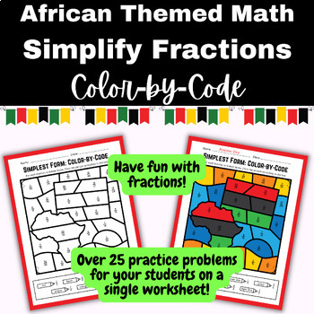 Preview of African Themed Math: Color by Code Fractions Simplest Form